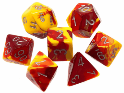 Dés en boite Gemini Red-Yellow w/silver