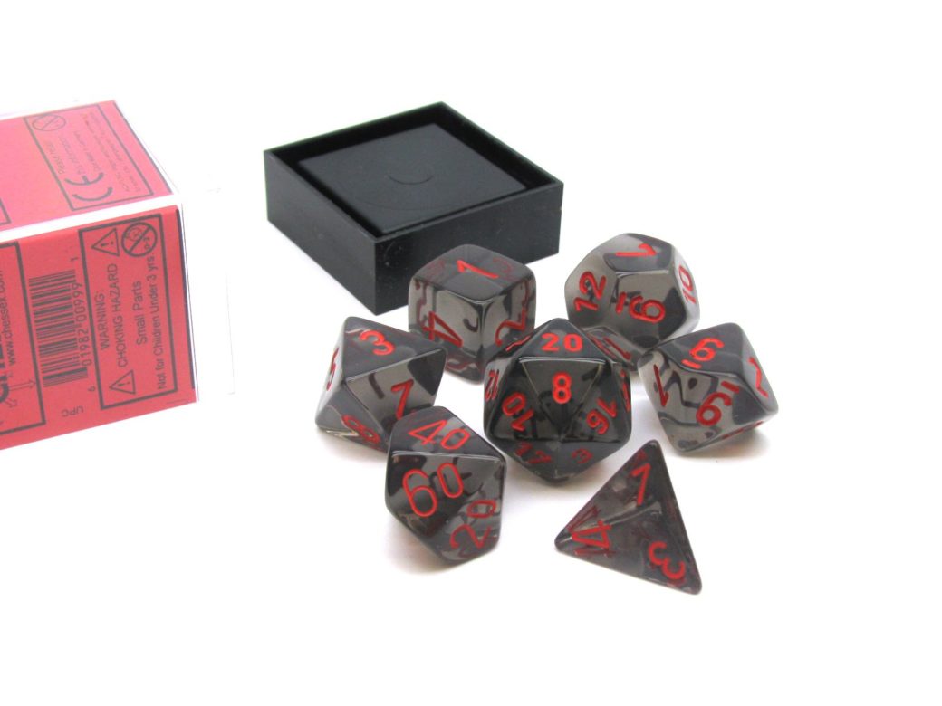 Dés en boite Translucent Smoke w/red
