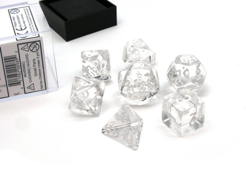 Dés en boite Translucent Clear w/white